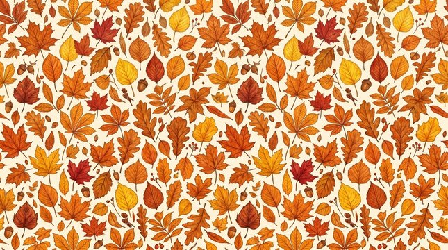 Autumn leaves pattern, orange yellow red fall foliage, seamless background texture, seasonal design element