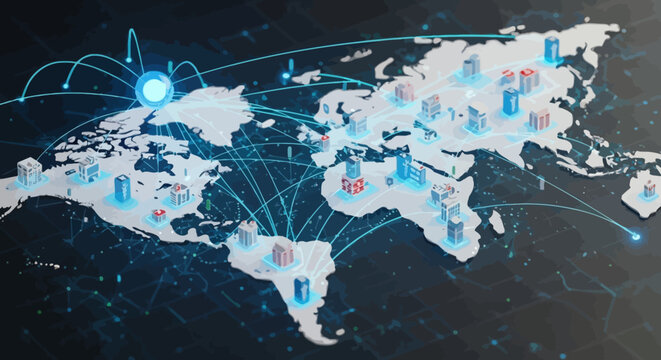 Global network connections on a world map, illustrating international communication and data exchange.
