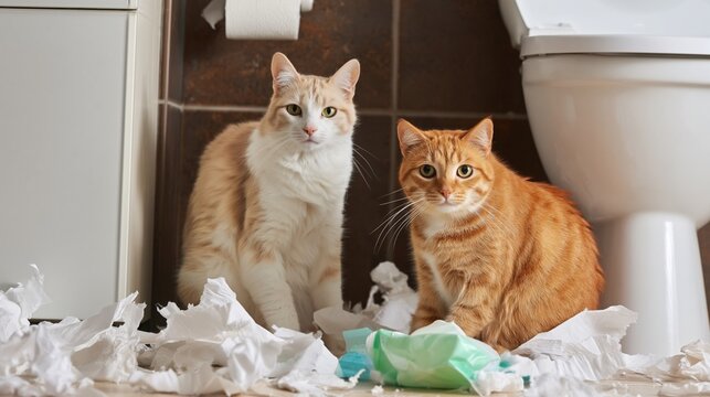 Two ginger cats are sitting on a bathroom floor amidst shredded toilet paper and wet wipes, looking directly at the viewer after causing a playful mess