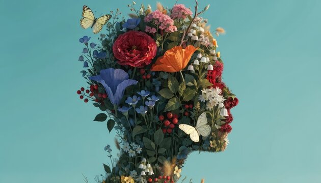 Floral portrait human head composed of vibrant flowers and butterflies
