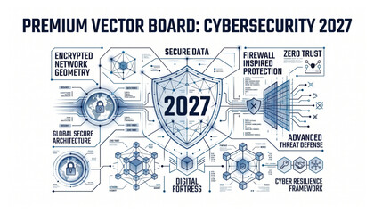 Fototapeta premium Premium vector cybersecurity dashboard infographic 2027 with cybersecurity security protection encryption technology infographic abstract geometric blueprint information connectivity