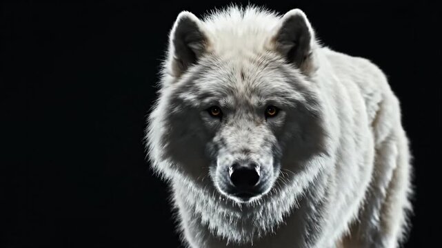 Majestic white wolf looking at camera against isolated black background