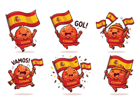 Set of six cartoon pig characters celebrating with Spanish flags and cheerful expressions in a playful style