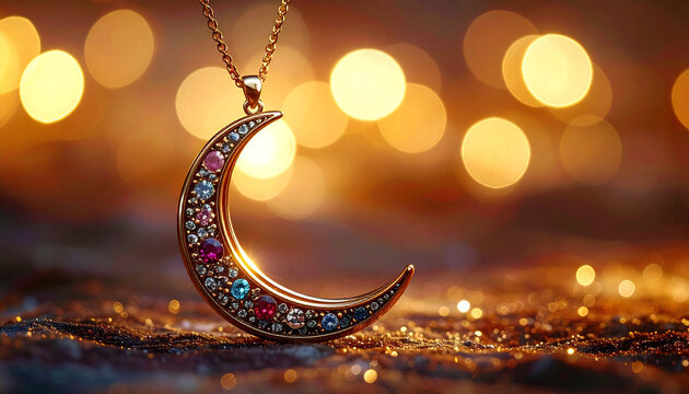 Elegant crescent moon pendant with gemstones and chain on bokeh background