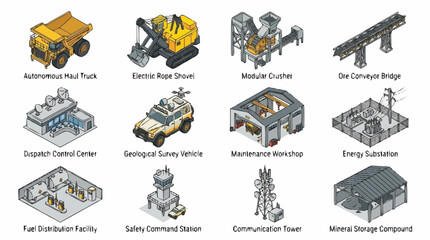 Collection of industrial machinery and infrastructure illustrations. © Bunga