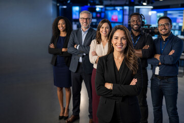 Fototapeta premium Diverse television newsroom team standing in modern broadcast studio, led by female news anchor, with journalists, producers, camera operators, and media professionals.