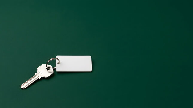 Key with Blank White Tag on Dark Green Background with Large Copy Space for Real Estate, Security, and Organizational Labeling Concepts