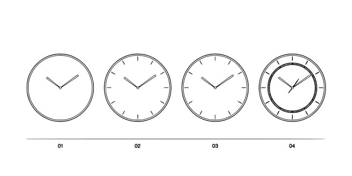 Clocks in a Row Each with Different Levels of Detail From Simple to Complex Featuring Clock, Time, Analog with Design