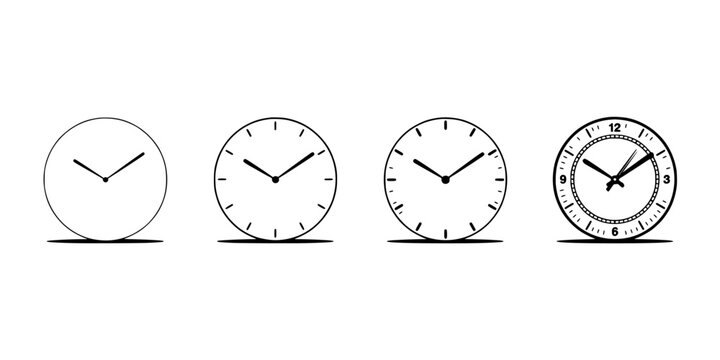 Clock Face Icon Set Showing Four Clocks in a Row with Different Detail Levels and Minimal Design Featuring Timepiece, Time