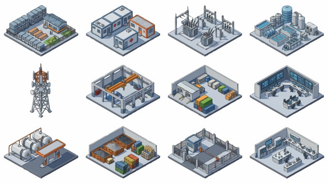 Isometric Industrial and Architectural Building Illustrations.