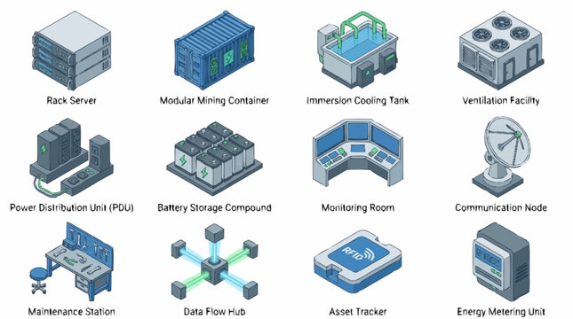 Isometric Data Center Infrastructure and Network Technology Icons.