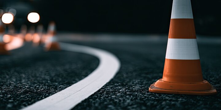 Traffic cones mark a darkened road with blurry headlights in the distance
