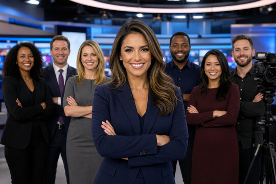 Diverse television newsroom team standing in modern broadcast studio, led by female news anchor, with journalists, producers, camera operators, and media professionals.
