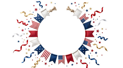 Obraz premium Elegant circular patriotic border with American themed bunting flags and festive confetti surrounding a spacious center area for holiday messaging and promotional designs.