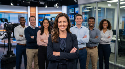 Obraz premium Diverse television newsroom team standing in modern broadcast studio, led by female news anchor, with journalists, producers, camera operators, and media professionals.
