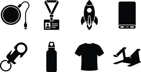 Corporate promotional merchandise and corporate identity items icon set featuring black silhouette lifestyle and technology objects on white background © MdAlamgir