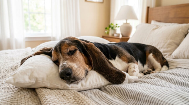 Basset hound sleeping on a cozy bed with soft pillows and natural light. Calm and relaxed basset hound enjoys a peaceful nap on a comfortable bedding.