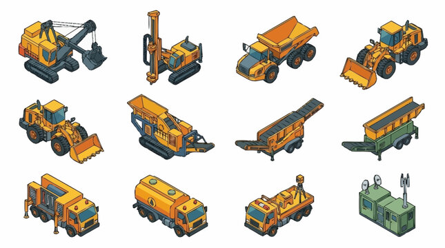 Collection of orange construction vehicles and machinery.