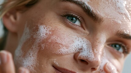 Naklejka premium Close-up of woman's face with skincare foam
