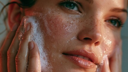 Fototapeta premium Close-up of woman's face with skincare foam