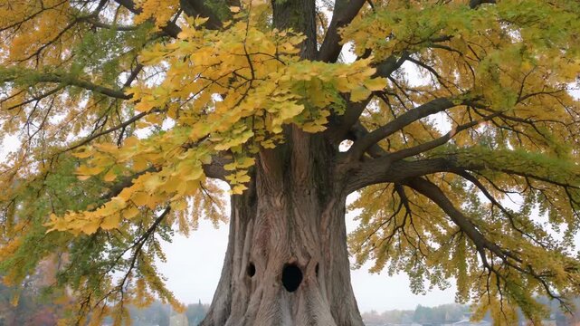 Close-up of the autumn ginkgo tree and the golden leaves of the ancient autumn tree