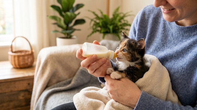 Bottle feeding orphan kitten in cozy living room with loving caregiver. Adorable kitten wrapped in blanket being fed with tiny bottle for nutrition.