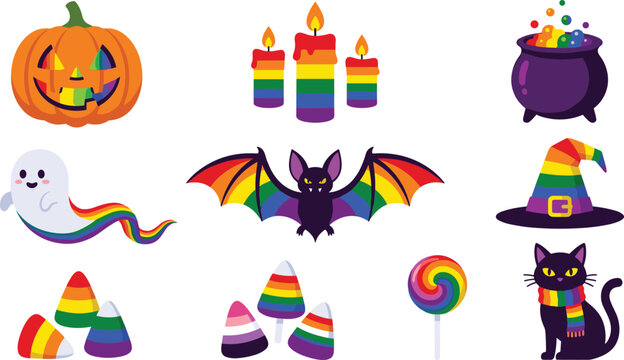 Rainbow Halloween Collection Featuring Pumpkin Ghost Bat Witch Hat Candy Corn and Spooky Pride Holiday Illustrations