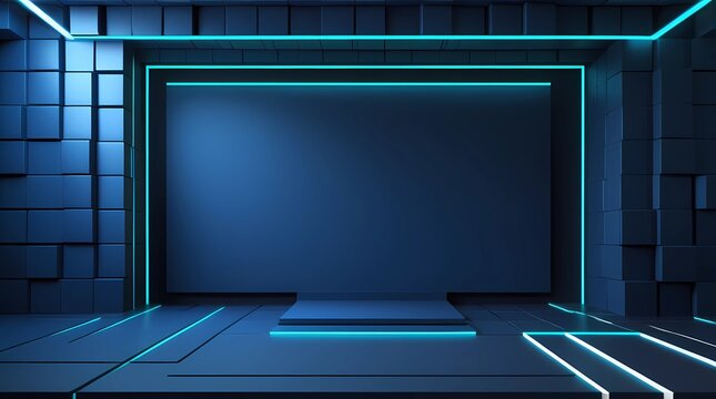Futuristic cyber stage background with glowing neon lines, abstract 3D dark blue cube room for virtual presentation.