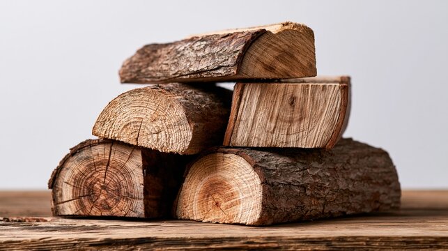 Woodpile rests on a wooden surface in front of a white backdrop.