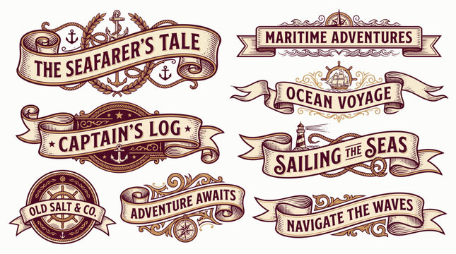 Vintage nautical banners and emblems featuring anchors, ships, lighthouses, compasses and ship wheels in engraved style, Symbolizing travel branding and maritime event invitations