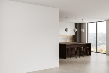 Minimal interior scene with large empty white wall as mockup template beside modern kitchen island with stools and panoramic window in bright spacious room. 3D Rendering © ImageFlow