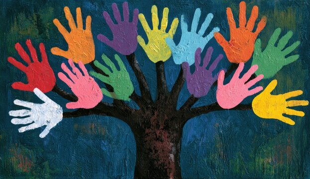 Diverse hands in vibrant colors form branches on a textured tree