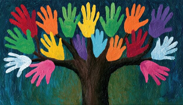 A vibrant tree with colorful handprints as leaves, symbolizing diversity and unity