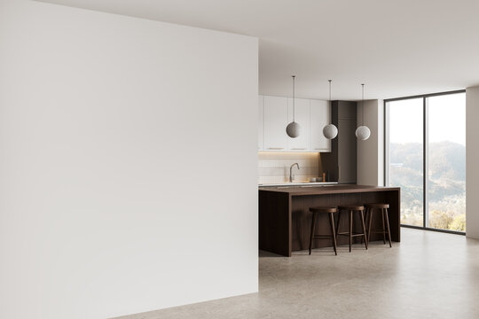 Minimal interior scene with large empty white wall as mockup template beside modern kitchen island with stools and panoramic window in bright spacious room. 3D Rendering