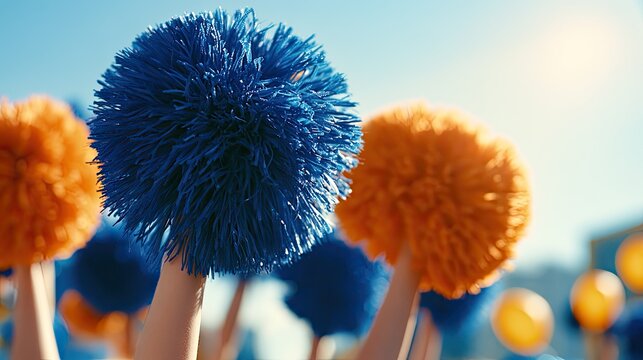 Blue and orange pom-poms held aloft against bright sky