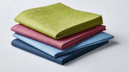 Fototapeta premium Colorful paper napkins rest on a white surface.