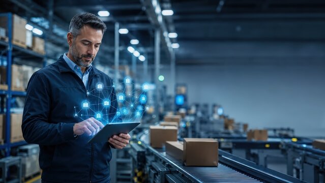 Logistics Manager Using Tablet with Digital Interface in Warehouse