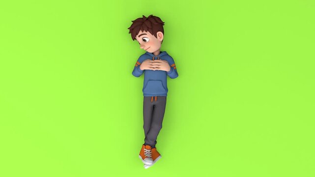 Young man lying relaxed on vivid green backdrop during progressive resting sequence