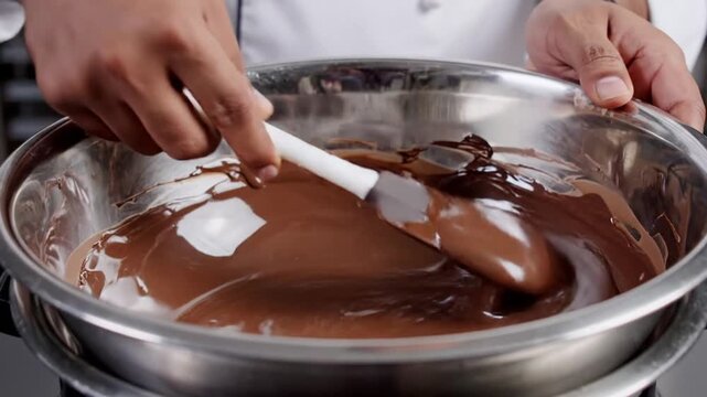 Professional chef stirring molten dark chocolate in a metal mixing bowl