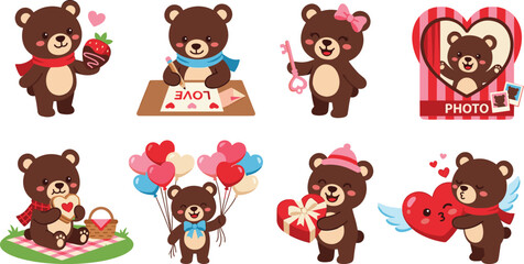 Obraz premium Cute Valentine's Day teddy bear cartoon character set with hearts balloons and chocolate for romantic design