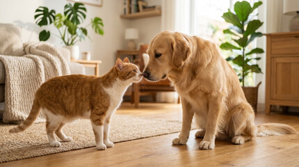 Naklejka na ściany i meble Friendly cat and dog meeting nose to nose in cozy living room. Cat approaches golden retriever, creating a heartwarming moment. Ideal scene for pet lovers sharing their bond with pets at home.