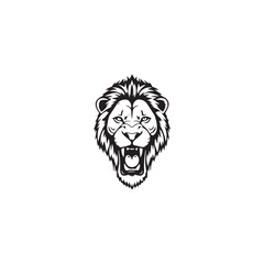 Obraz premium Black and white vector illustration of a roaring lion head mascot logo isolated on a white background.