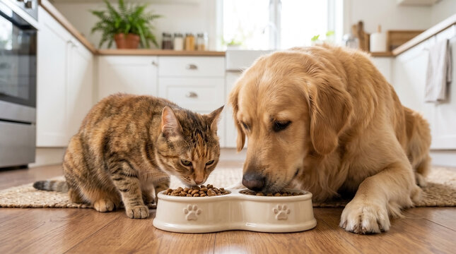 Cat and dog sharing food bowl in modern kitchen, furry companions enjoying mealtime together. Cat and dog eat from shared bowl in serene home environment