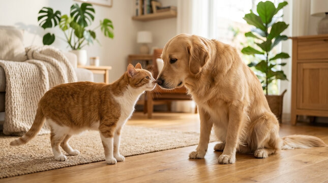Friendly cat and dog meeting nose to nose in cozy living room. Cat approaches golden retriever, creating a heartwarming moment. Ideal scene for pet lovers sharing their bond with pets at home.