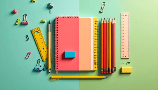 Material escolar organizado sobre fondo verde con cuaderno, l&aacute;pices de colores, reglas y clips en vista superior