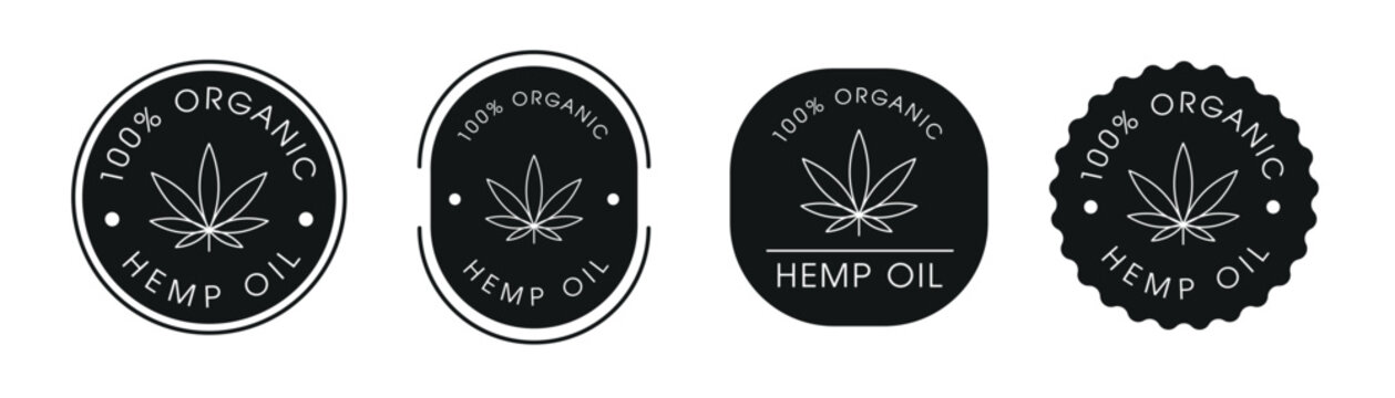 Hemp Oil Organic Product Quality Certification Badge Set, vector illustration.