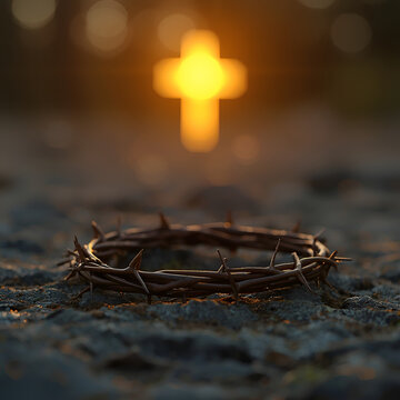 Crown of Thorns Resting Before Illuminated Christian Cross/ Religious background highlighting the significance of the crucifixion through sacred symbolism and warm golden lighting.