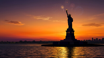 Fototapeta premium Dramatic silhouette of the Statue of Liberty against a vivid orange and purple gradient