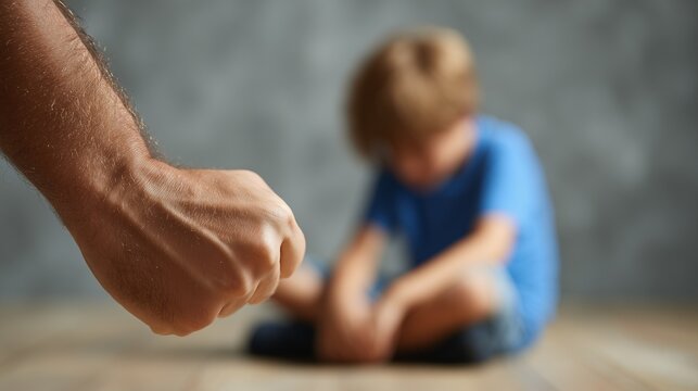 Confronting image of an angry adult hand forming a fist, threatening a scared, defenseless child cowering on the floor, illustrating concepts of intimidation, violence, and child abuse