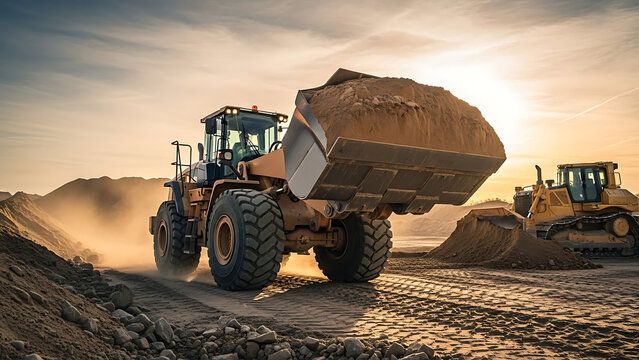 Powerful industrial wheel loader heavy machinery operating at a massive quarry mining site or construction zone transporting a full bucket of gravel rock and debris during earthmoving work
